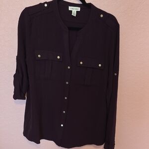 Calvin Klein Black Blouse with 3/4 Sleeves and Mandarin Collar